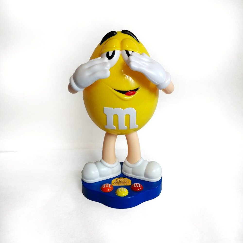 M & M Yellow-Blue Base  2012 Candy Dispenser-Lever In The Back-11 in.